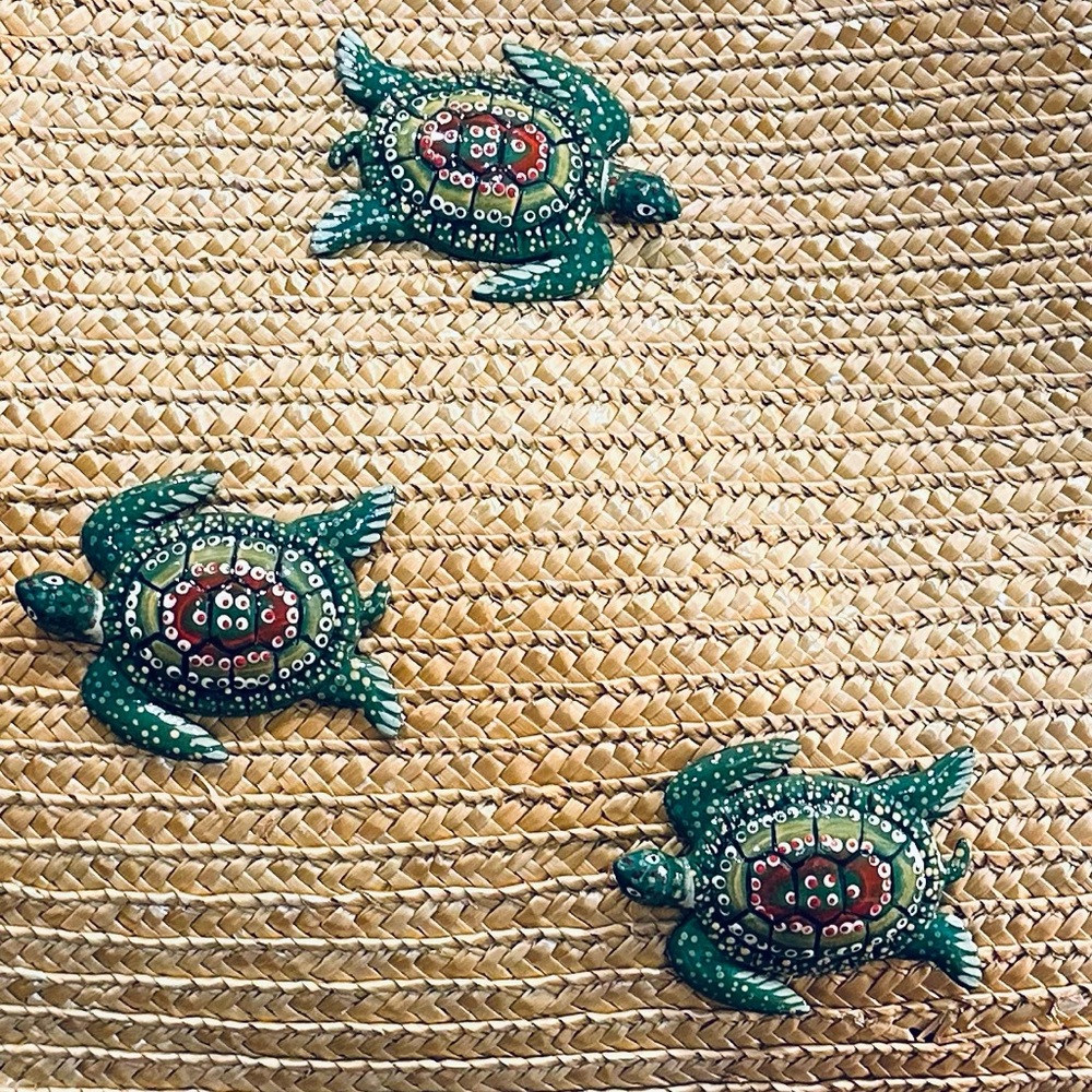 ๐4xHP๐VTG 3D Turtles Natural Straw Wooden Top Handle Tote Handmade B Lerner - Picture 3 of 13